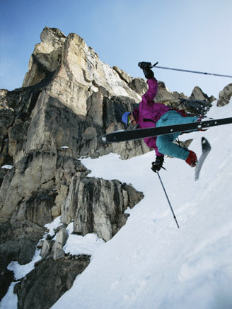 A Man Skiing a Gully on Mount Shepherd