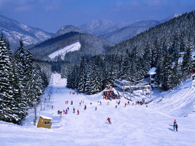 People Skiing on Jasna Run, Jasna Resort, Low Tatra Mountains, Slovakia