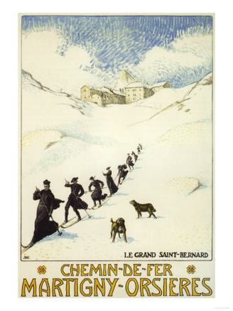 France - Monks Skiing atop the Great St. Bernard Pass Railroad Poster