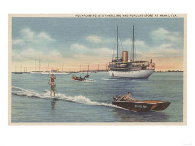 Miami, FL - Water Skiing Scene, Wooden Boat