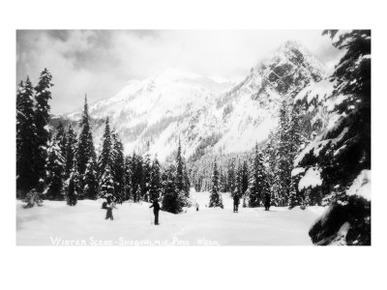 Snoqualmie Pass, Washington, View of Skiers Skiing during the Winter by Mountain