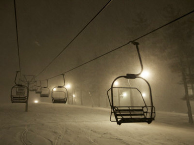 Night Skiing During a Snowstorm - View of Ski Lifts